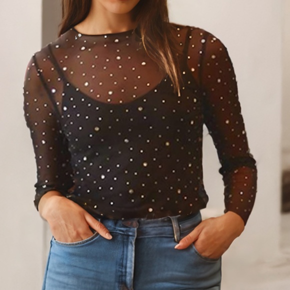 Rhinestone Sheer Mesh Slim Fit Long sleeve Top - Picture 1 of 1